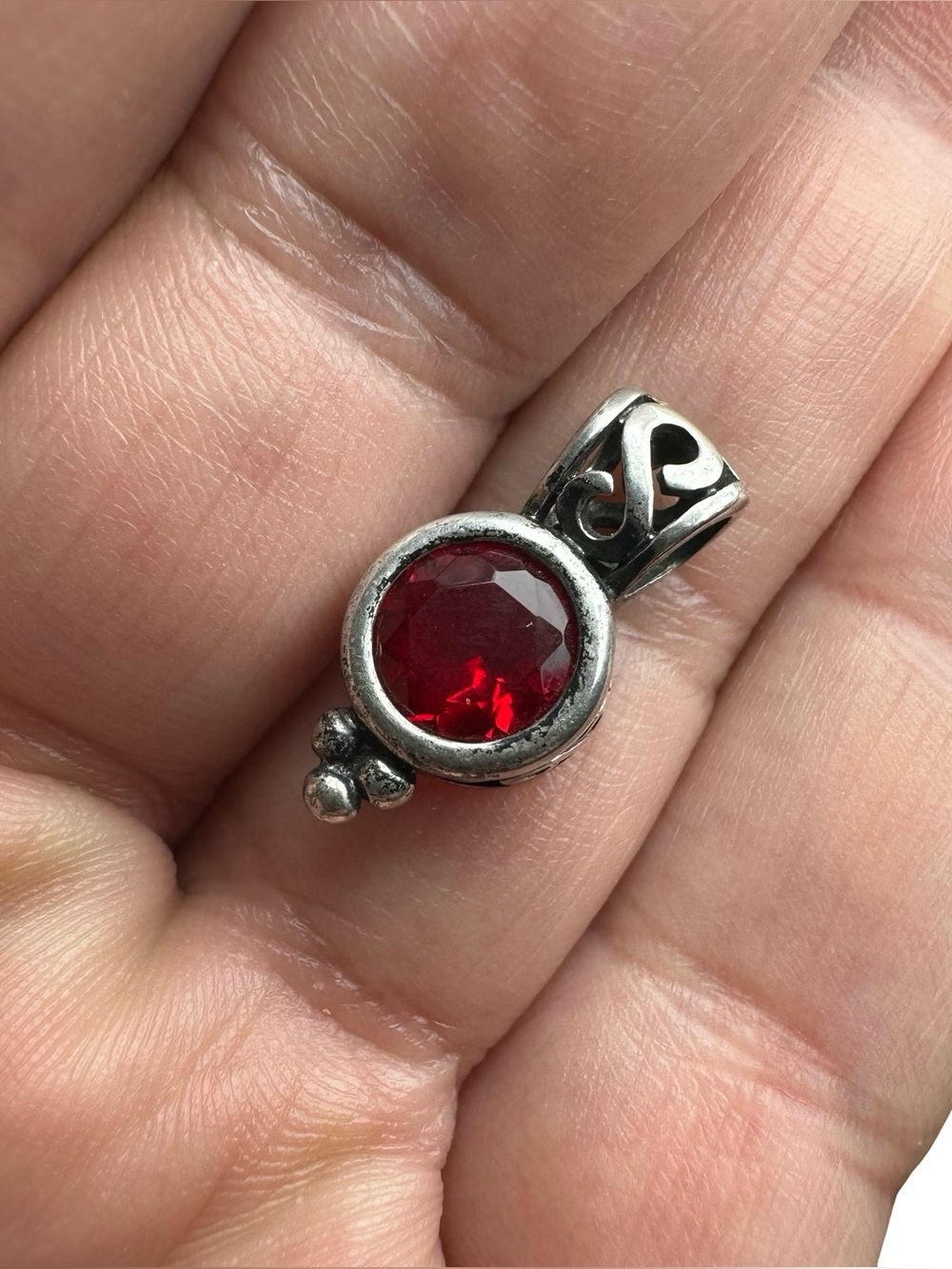 Vtg Avon RJ 925 Sterling Silver Filigree Scroll Red Stone Slide Pendant Charm